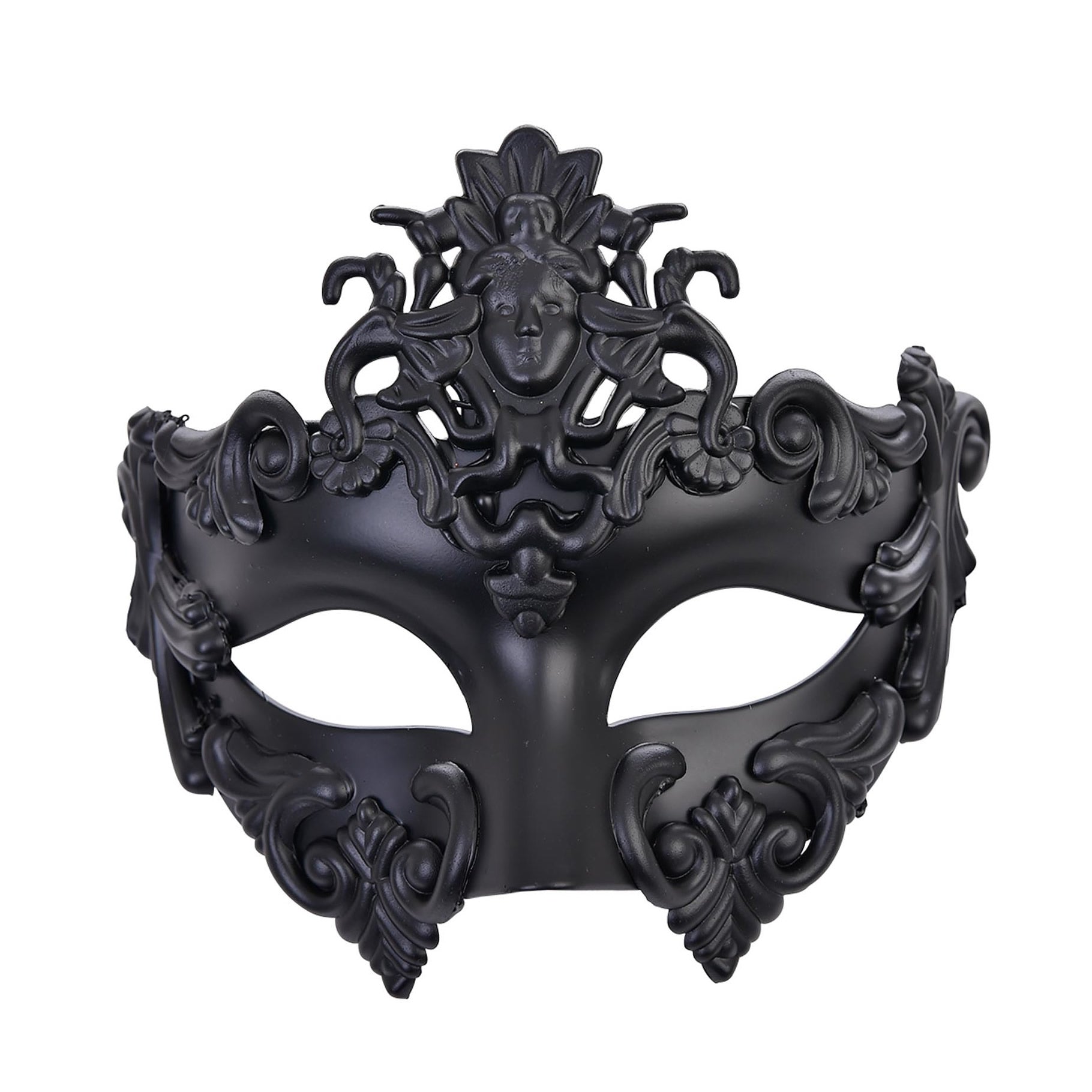 A black, ribbon-tied, Roman-style eye mask with intricate filigree details.