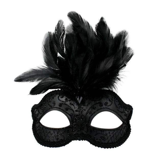 Black decorative eye mask with feathers