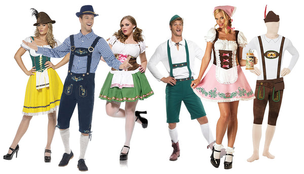 A group of men and women wearing Oktoberfest costumes