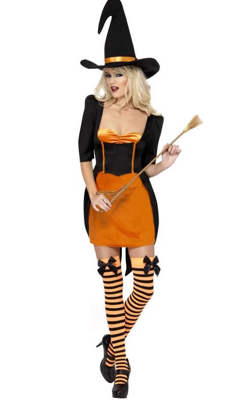 Orange Witch costume rental featuring a black and orange dress, striped stockings, and a pointed hat for a classic witch