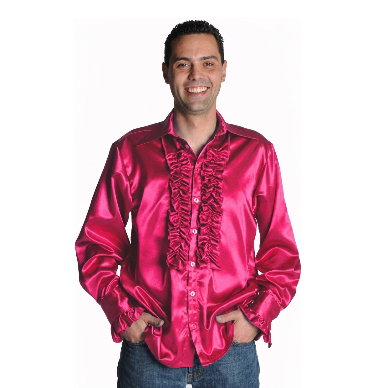 Pink men's 70s satin frill shirt