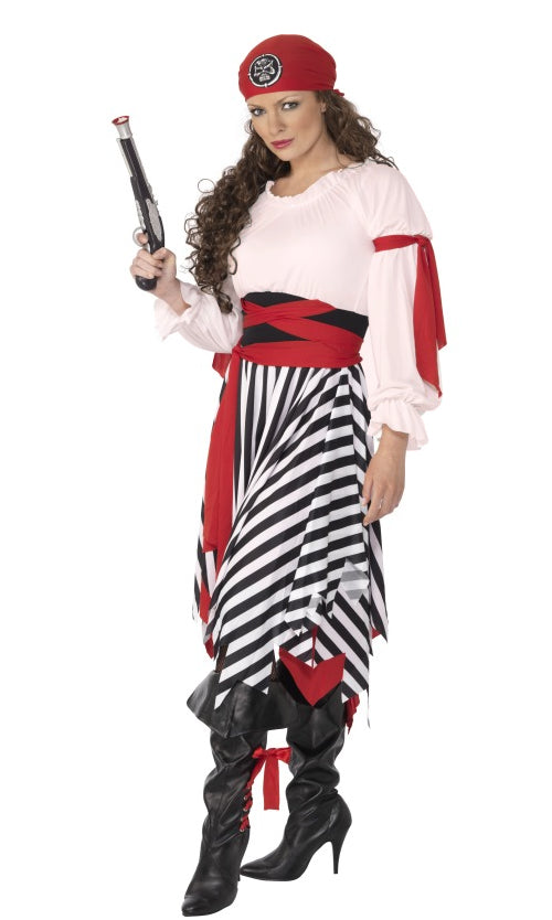 Woman in a striped pirate costume with a red bandana holding a sword on a white background
