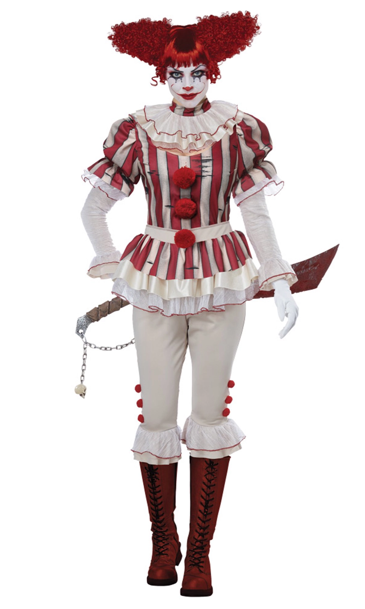 A women's horror clown costume featuring a red and white striped top with red pom-poms, cream ruffled sleeves and pants, red hair extensions styled like hairpins, and a prop bloody sword.