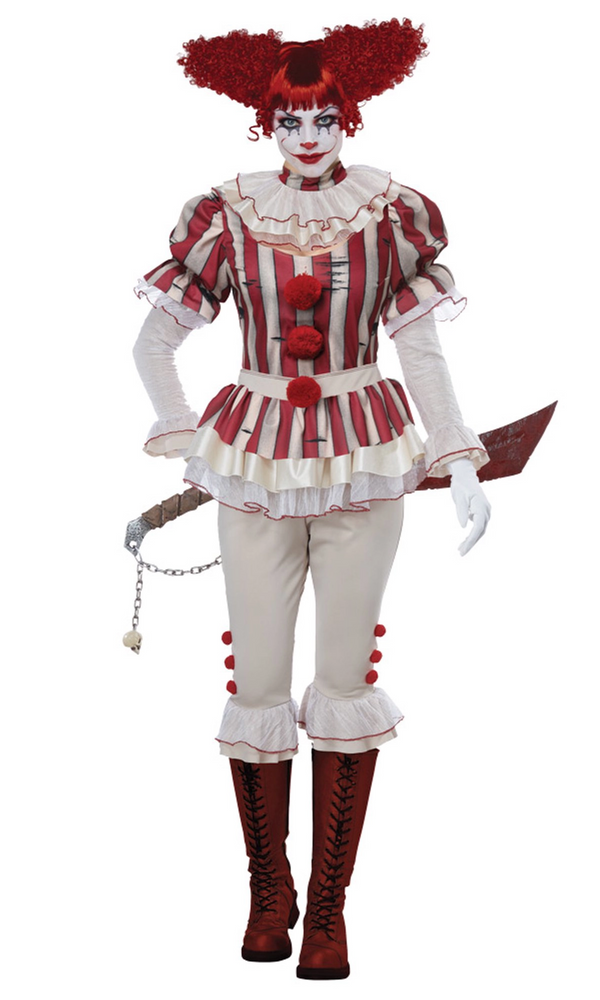 A women's horror clown costume featuring a red and white striped top with red pom-poms, cream ruffled sleeves and pants, red hair extensions styled like hairpins, and a prop bloody sword.