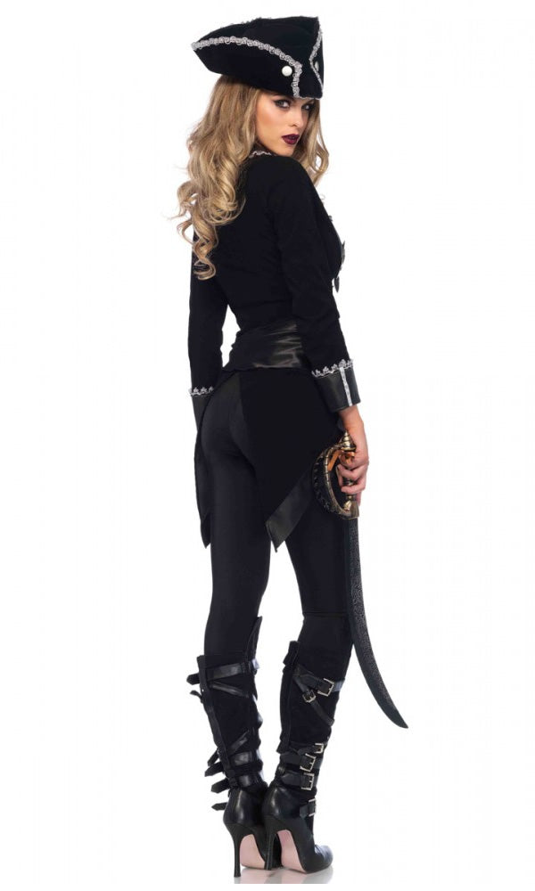 Back of a woman wearing a black pirate costume with a hat on a white background