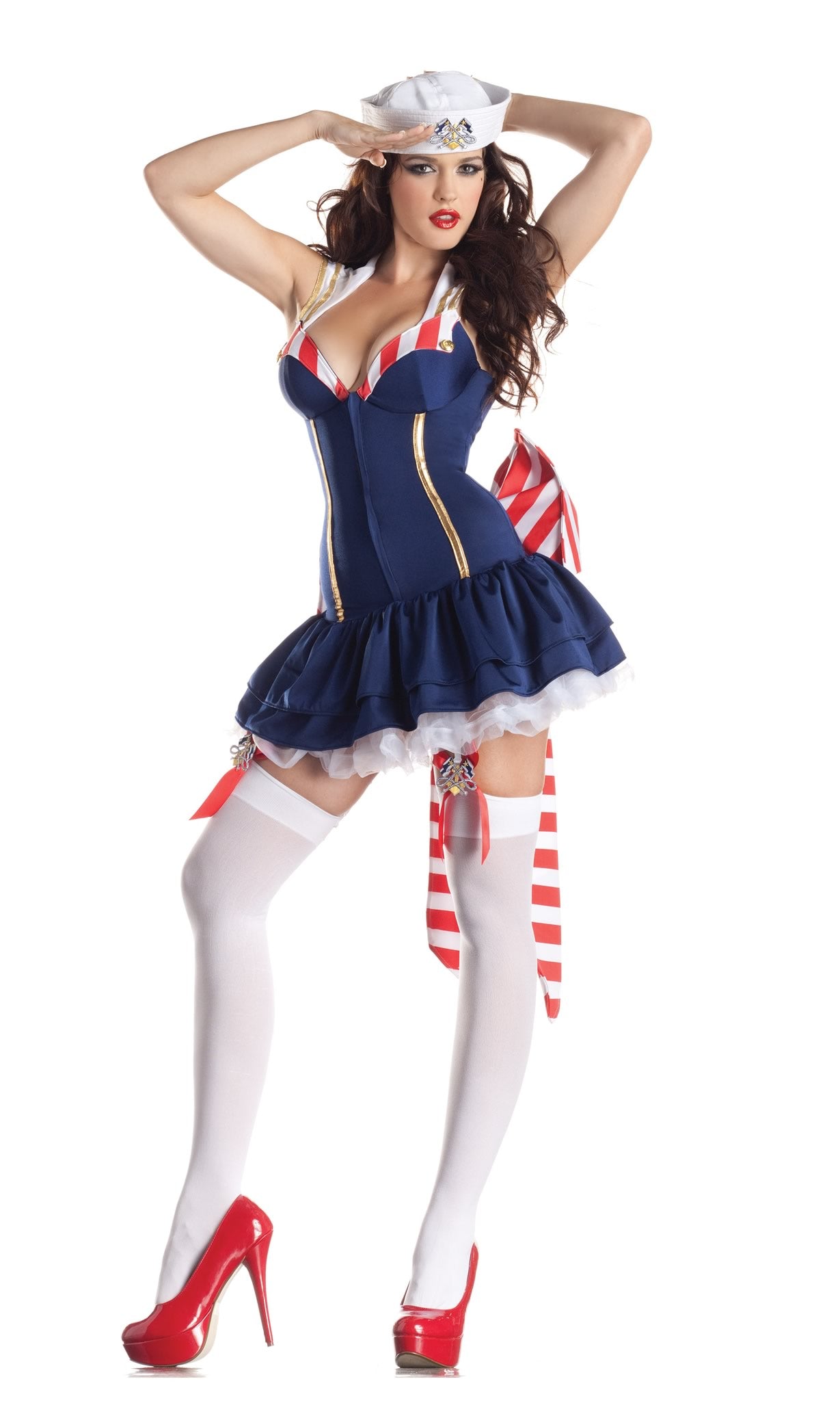 Short blue sailor body shaper dress with hat, large bow and garters