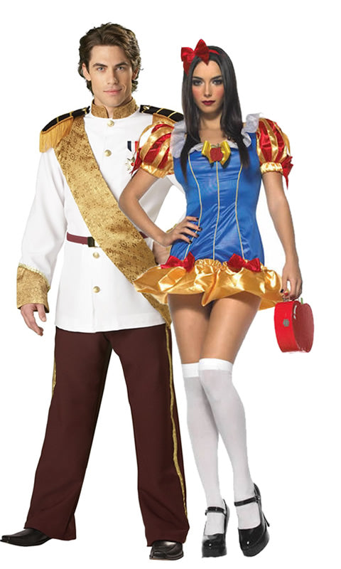 Two people in Halloween costumes, one resembling a prince and the other resembling Snow White