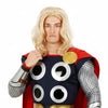 A man wearing a Thor costume with a blonde wig, blue and red armor, silver chainmail sleeves, and a gold chest piece.