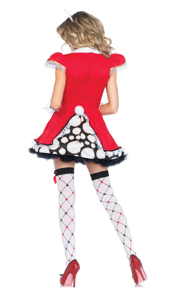 Back of a woman in a red and black short white rabbit costume