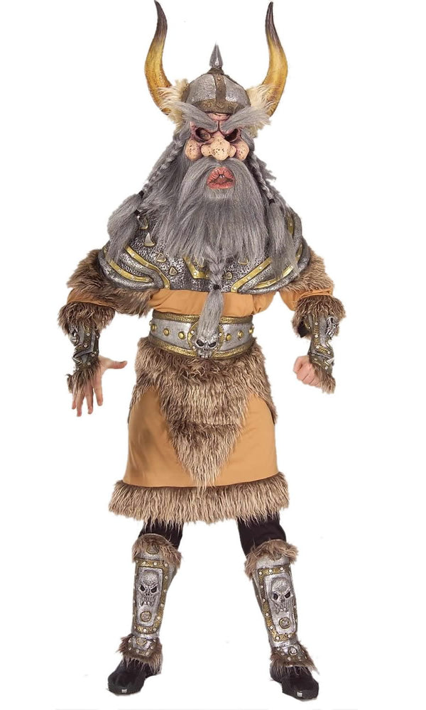 Men's Viking costume with oversized full head mask with beard, shin guards and wrist guards