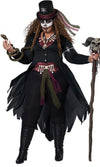 A woman modeling a zombie pirate costume. The costume includes a black tattered coat, black boots, a black top hat with a skull design, a red and black sash, a green sash, a necklace, and accessories, with the model wearing Day of the Dead style face makeup.