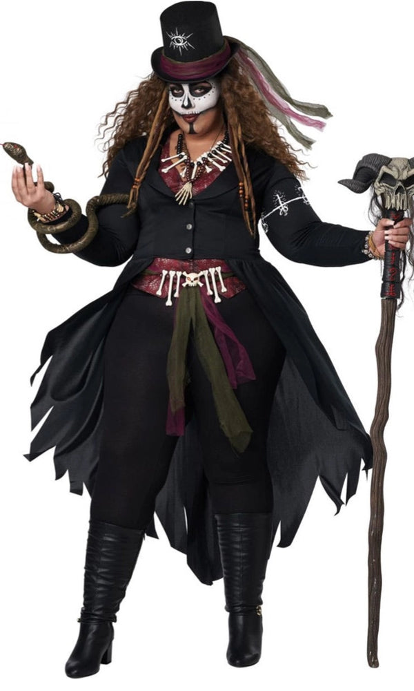 A woman modeling a zombie pirate costume. The costume includes a black tattered coat, black boots, a black top hat with a skull design, a red and black sash, a green sash, a necklace, and accessories, with the model wearing Day of the Dead style face makeup.