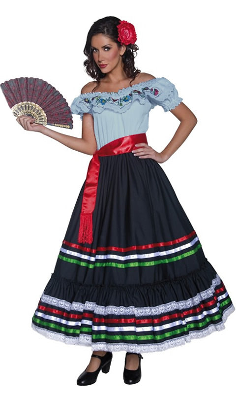 Long Senorita dress with light blue upper with flower pattern and red sash