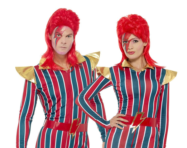 Two people in red-striped Ziggy Stardust outfits with red wigs on a white background