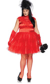A woman modeling a red costume dress with a ruffled high neck, sheer tulle skirt, matching red gloves, red fishnet stockings, and a black feathered headpiece.