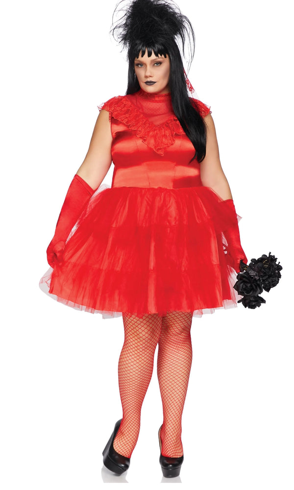 A woman modeling a red costume dress with a ruffled high neck, sheer tulle skirt, matching red gloves, red fishnet stockings, and a black feathered headpiece.