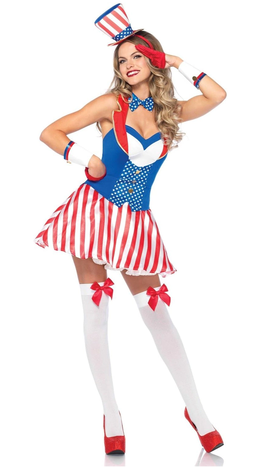 A woman modeling a patriotic Uncle Sam costume. The costume includes a red, white, and blue corset-style top, a red and white striped skirt, a matching top hat, white thigh-high stockings with red bows, and red high heels.