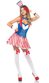 A woman modeling a patriotic Uncle Sam costume. The costume includes a red, white, and blue corset-style top, a red and white striped skirt, a matching top hat, white thigh-high stockings with red bows, and red high heels.