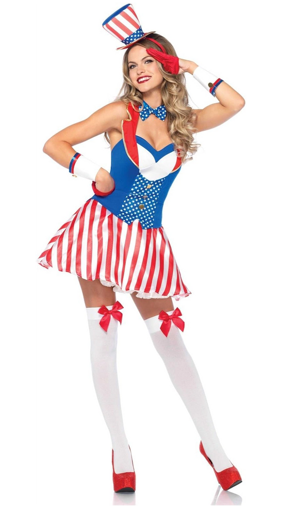 A woman modeling a patriotic Uncle Sam costume. The costume includes a red, white, and blue corset-style top, a red and white striped skirt, a matching top hat, white thigh-high stockings with red bows, and red high heels.
