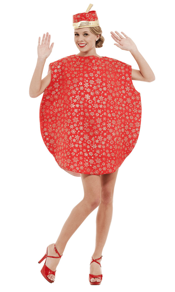 Woman's Christmas decoration bauble costume in red with snow flake pattern