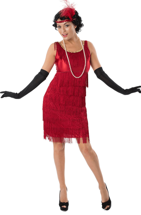 Short red flapper dress with tassels and red headband