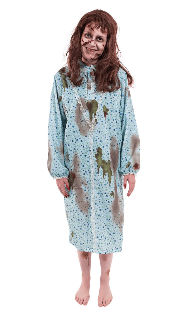 Possessed child costume from The Exorcist. Blue nighty with long brown wig