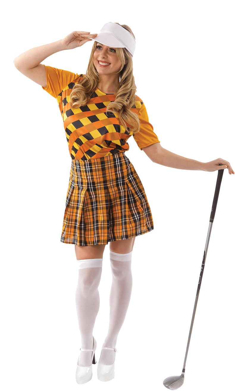 Woman's orange golf costume skirt and top with white visor