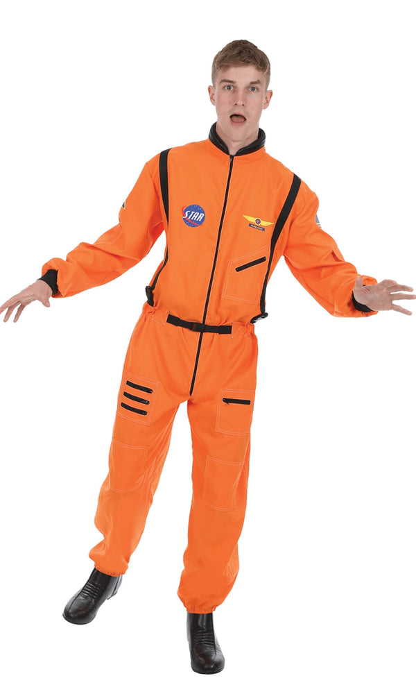 Men's orange astronaut jumpsuit with black zips and straps
