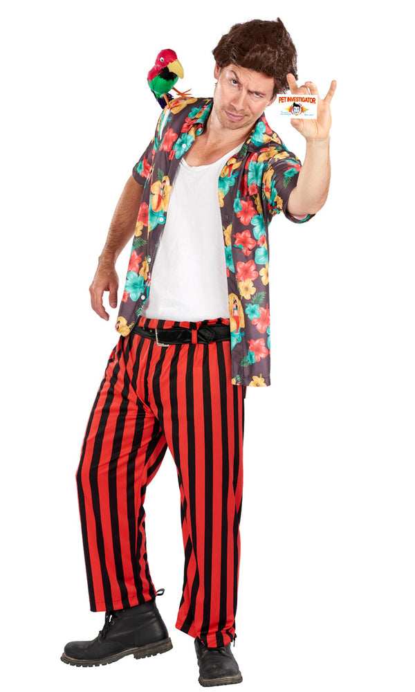 Ace Venture pet detective costume with floral shirt, white singlet and striped pants, with business card