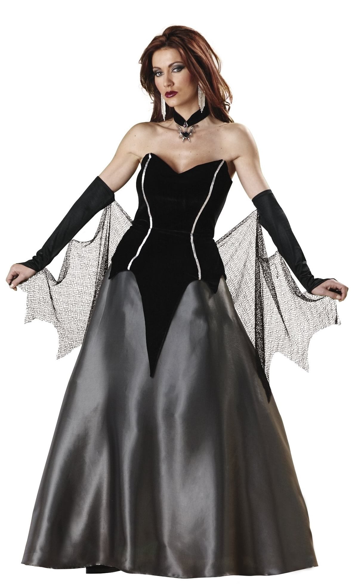 Bat gown in grey and black with gloves, mesh cape and petticoat