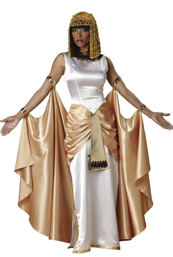 White and gold Cleopatra gown with cape, head piece and sash