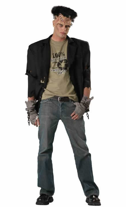 Frankenstein recycled costume with headpiece, jacket, t-shirt, gloves and shackles