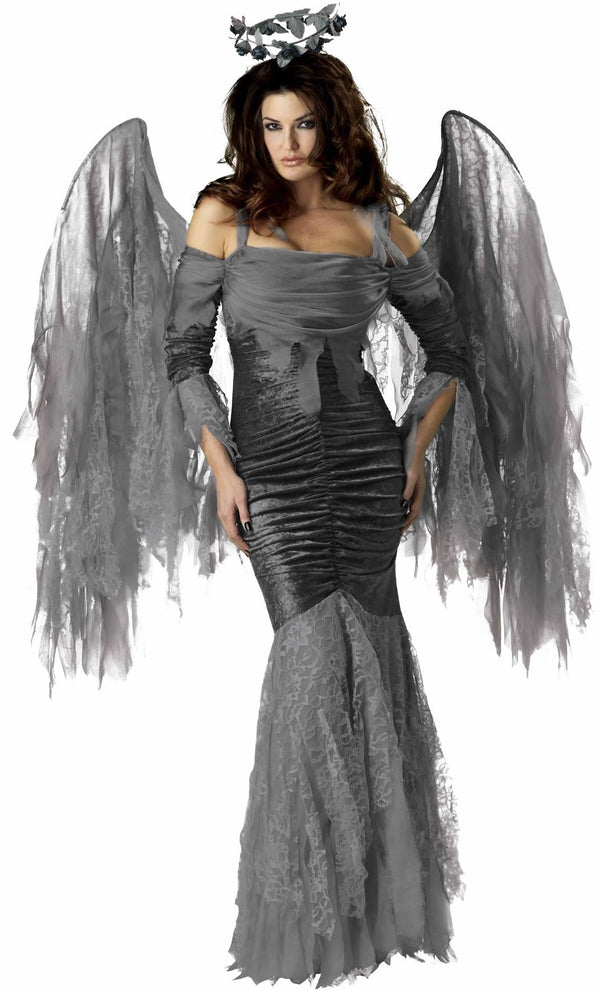 Long grey fallen angel dress with wings and flower halo