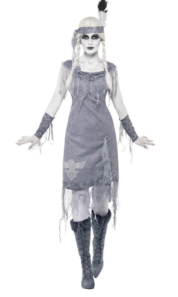 Grey Native American ghost dress with feathered head and arm bands
