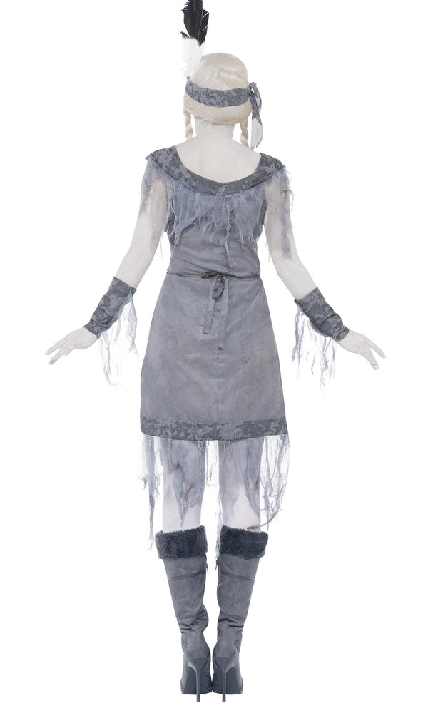 Back of grey Native American ghost dress with feathered head and arm bands