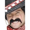 A person wearing a black Mexican or Cowboy moustache accessory for a costume.