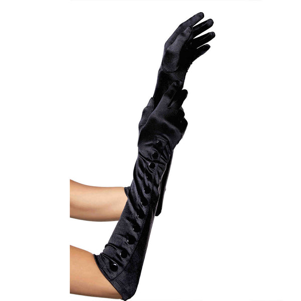 Long black satin gloves with snap buttons