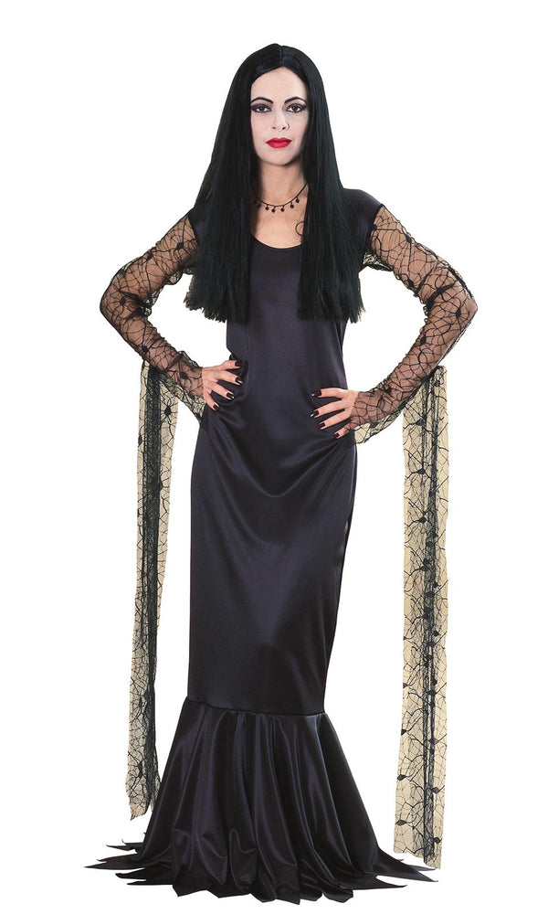 Long black Morticia Addams dress with web sleeves
