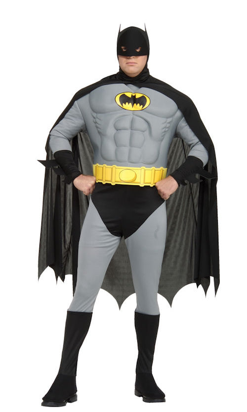 Black and grey Batman costume with cape and headpiece