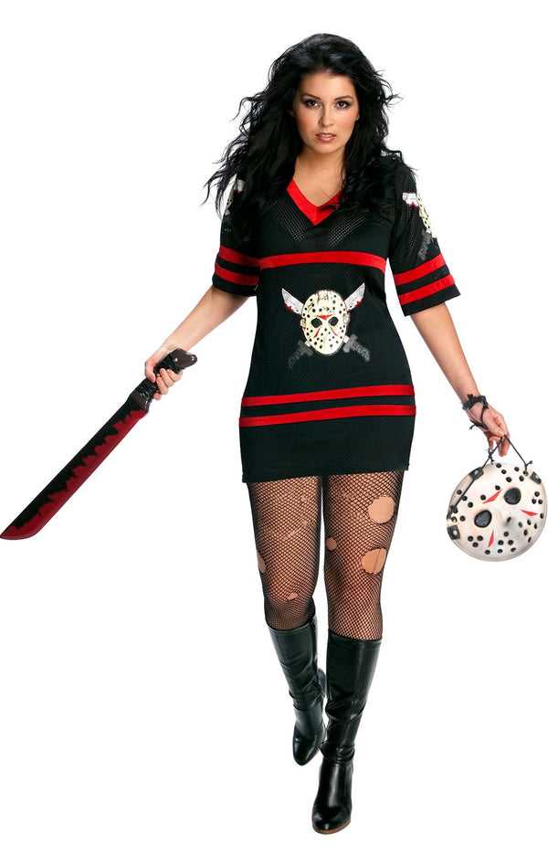 Short black and red Friday the 13th dress with mask handbag