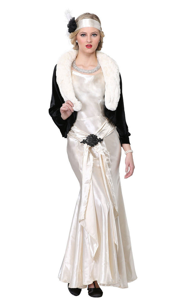 Long white and black 1920s flapper dress with headband