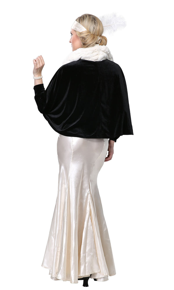 Back of long white and black 20s socialite flapper costume
