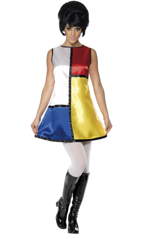 Short blue, white, red and gold 60s mondrian dress