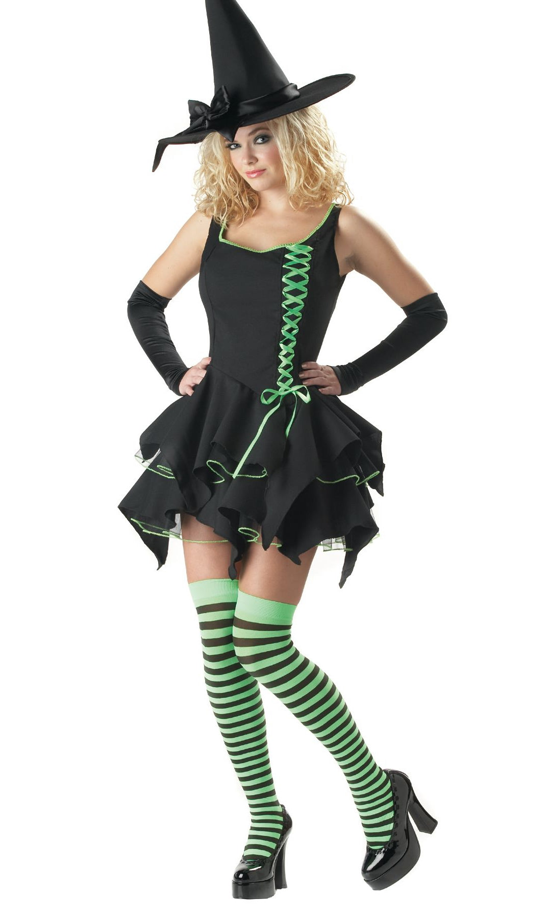 Short black with dress with green trim, gloves and hat