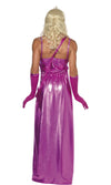 Back of long purple drag queen costume with Miss World sash and gloves