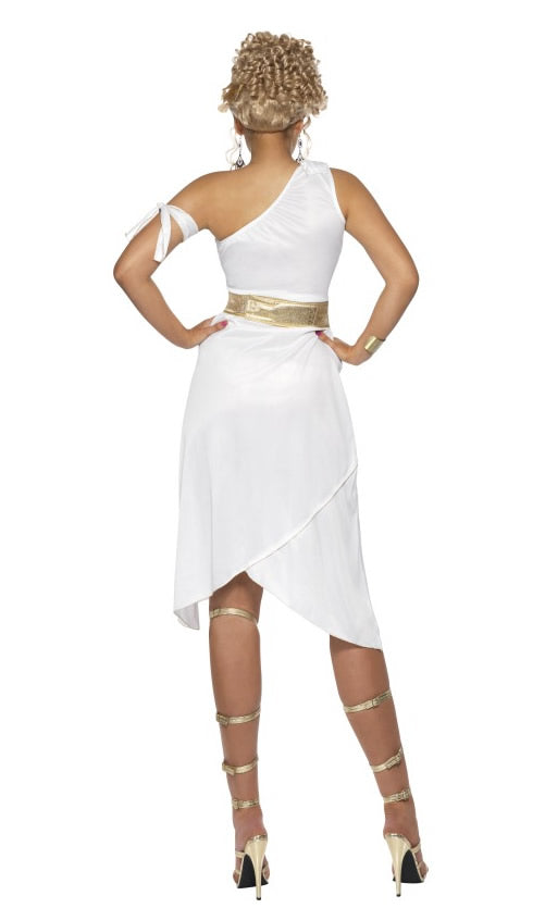 Back of white Roman Aphrodite dress with arm band and belt