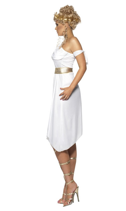 Side of white Roman Aphrodite dress with arm band and belt