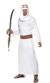 A man wearing a white Arabian costume with a belt and headpiece, holding a sword, suitable for portraying T. E. Lawrence.