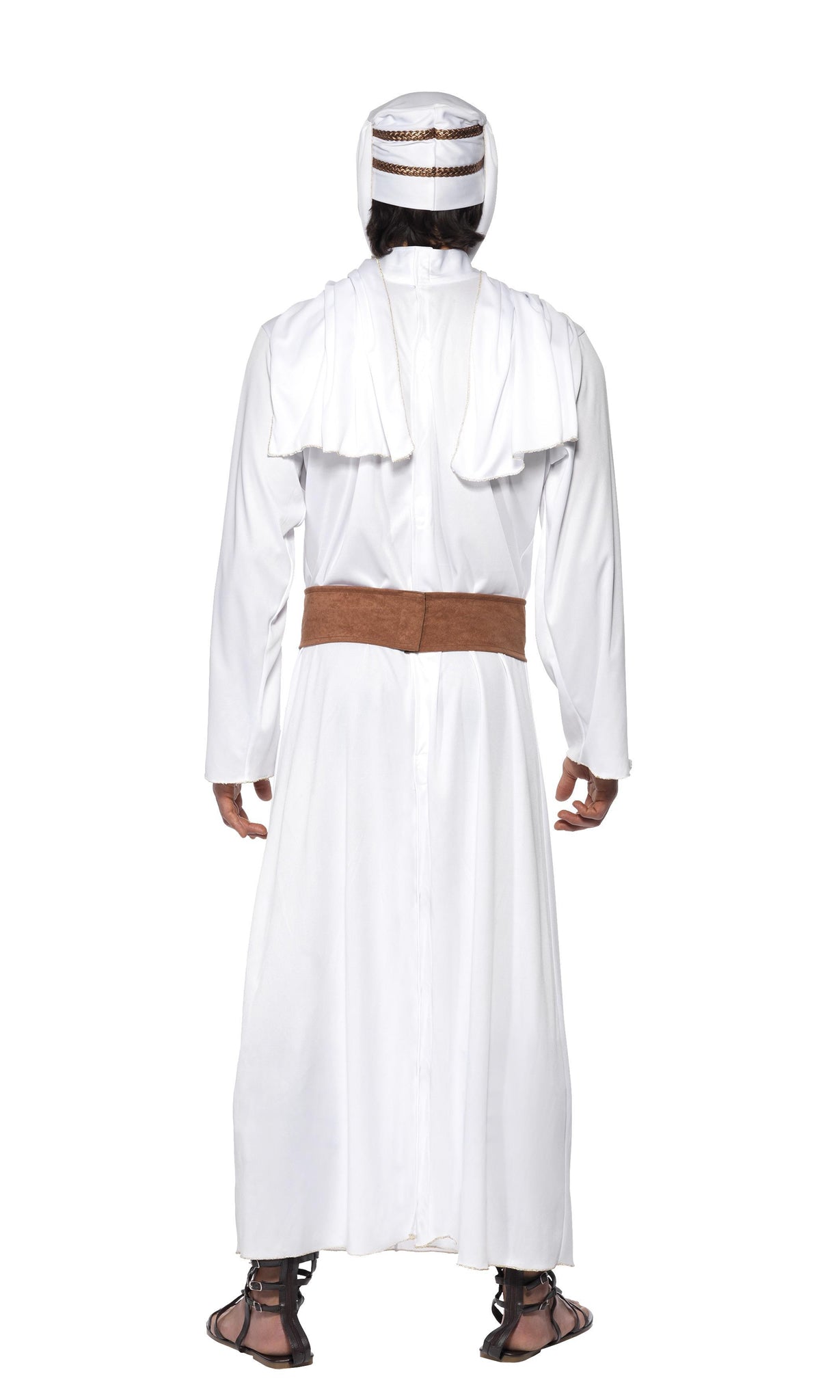 Back of a man wearing a white Arabian costume with a belt and headpiece, suitable for portraying T. E. Lawrence.