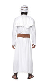 Back of a man wearing a white Arabian costume with a belt and headpiece, suitable for portraying T. E. Lawrence.